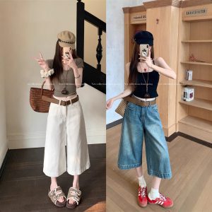 Real photo of American retro high street jeans for women in summer design high waist wide-leg cropped pants medium pants