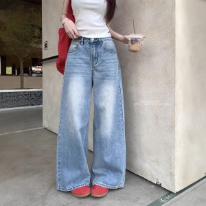 Real shot~Retro washing wide-leg jeans for women in spring high-waisted slimming versatile trousers