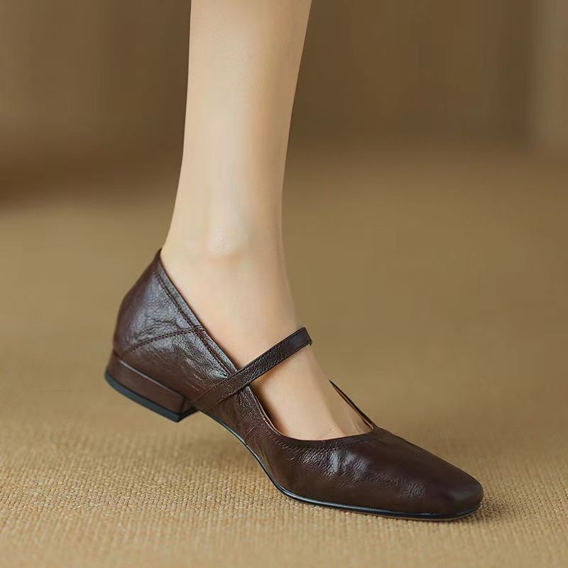 Wanziyan French light mouth single shoes for women with one foot, one strap, soft leather single shoes for women with one foot, soft bottom