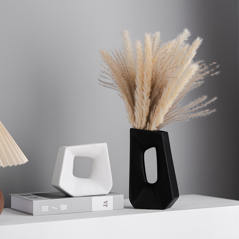Black and white color matching, geometric quadrilateral ceramic vase, home light luxury soft decoration, handicraft ornaments