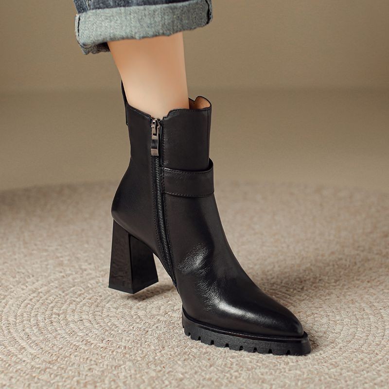 Small thick-soled Martin boots for women's soft leather thick heels thin boots for autumn and winter super high heels pointed toe boots