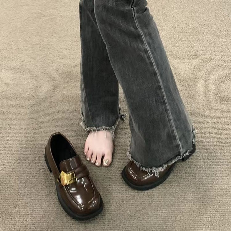 French leather shoes for women retro British style black shoes for spring shallow mouth thick high heels