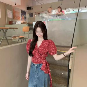 Real photos of summer French collar puff short-sleeved straps waist-hugging and slimming red love polka dot shirt top