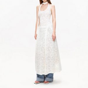 Micro-transparent jacquard dress American hot girl sleeveless high-end vacation style halter neck floral layered long skirt