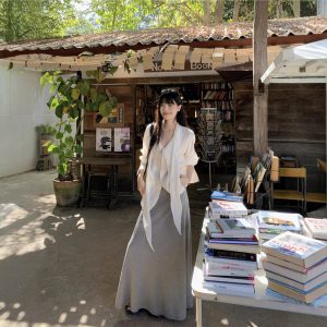 Real shot of spring and summer design streamer shirt lazy long-sleeved shirt + loose and versatile soft and glutinous long skirt suit