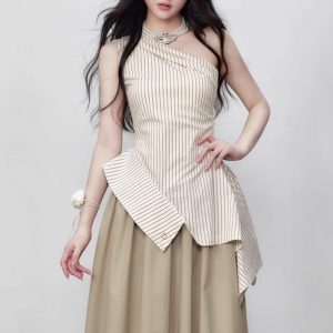 Yuzhi temperament striped off-shoulder top summer high-end irregular hem design off-shoulder shirt