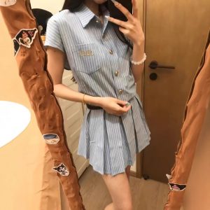 College style striped shirt dress short sleeves women's summer design short skirt waist-hugging slim skirt