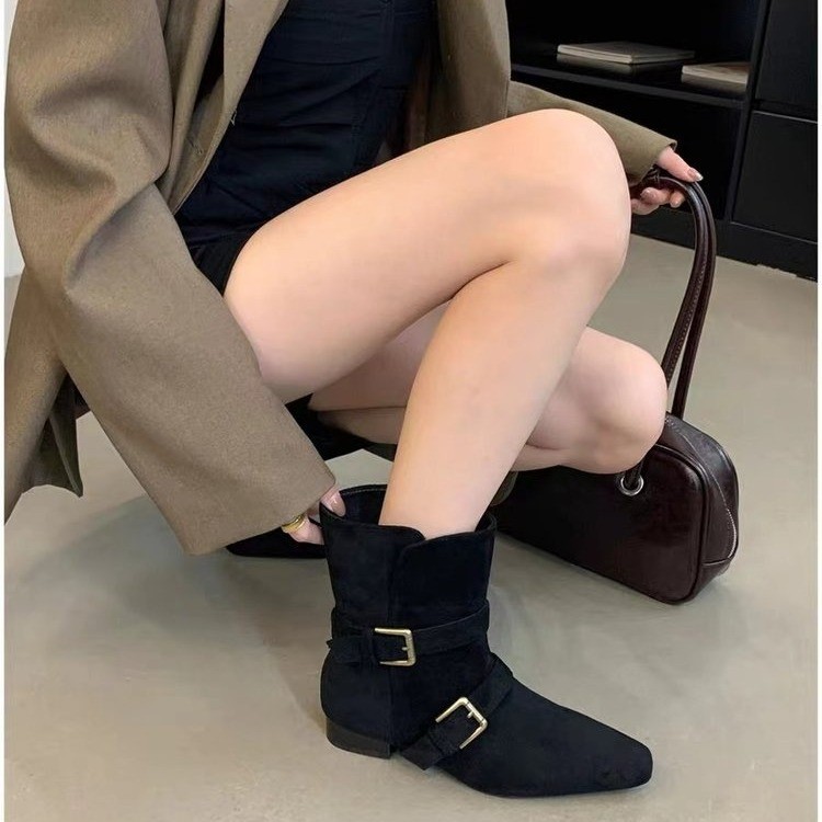 Soft leather version ~ Niche design pointy short boots for women thick heel belt buckle suede Chelsea boots slim Martin boots