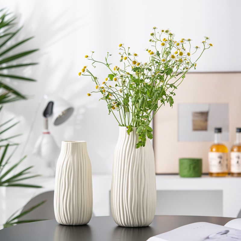 Simple beige matte glaze striped floral vase