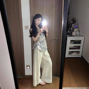 Real photo of imitation of Tennis linen casual sleeveless top Korean cold floral shirt suspender + niche embroidered floor pants