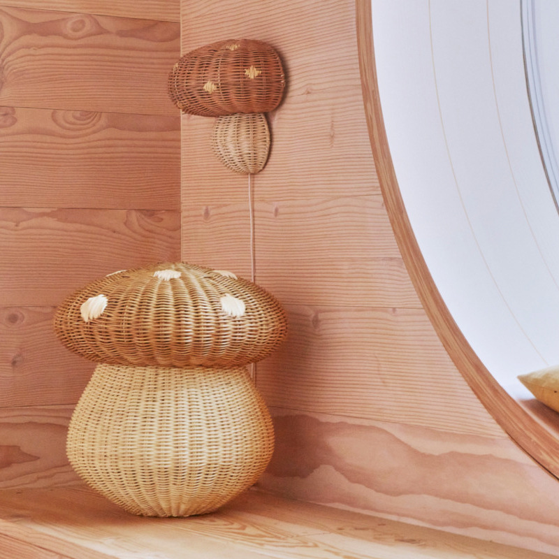 Feng hand-woven bedside wall lamp children's room bedroom study rattan mushroom-shaped wall lamp